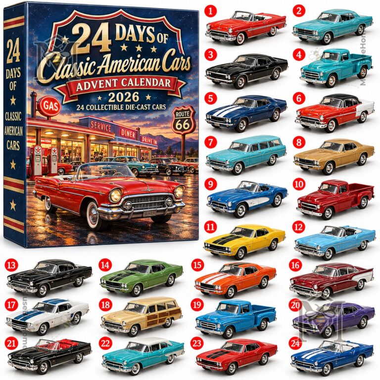 Classic American Cars 2026 Advent Calendar - side panel and front artwork