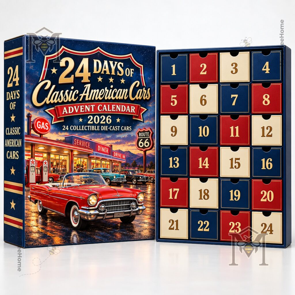 Classic American Cars 2026 Advent Calendar - red, blue, black, and gold cars
