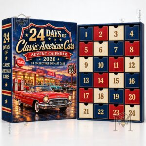 Classic American Cars 2026 Advent Calendar - red, blue, black, and gold cars