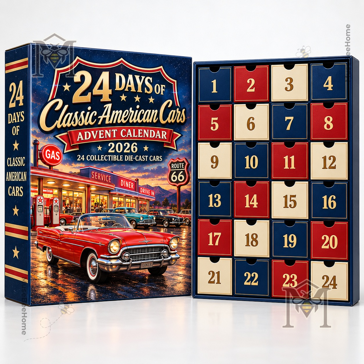 Classic American Cars 2026 Advent Calendar - red, blue, black, and gold cars