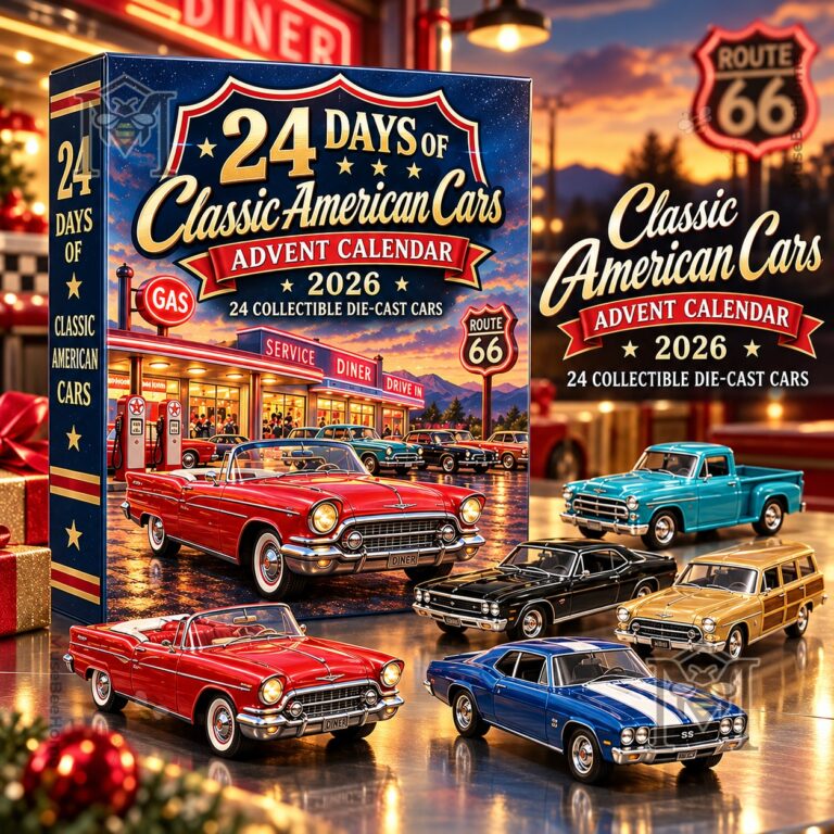 Classic American Cars 2026 Advent Calendar - front box and die-cast cars