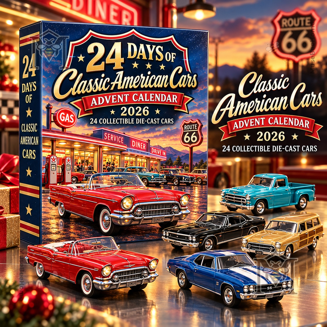 Classic American Cars 2026 Advent Calendar - front box and die-cast cars
