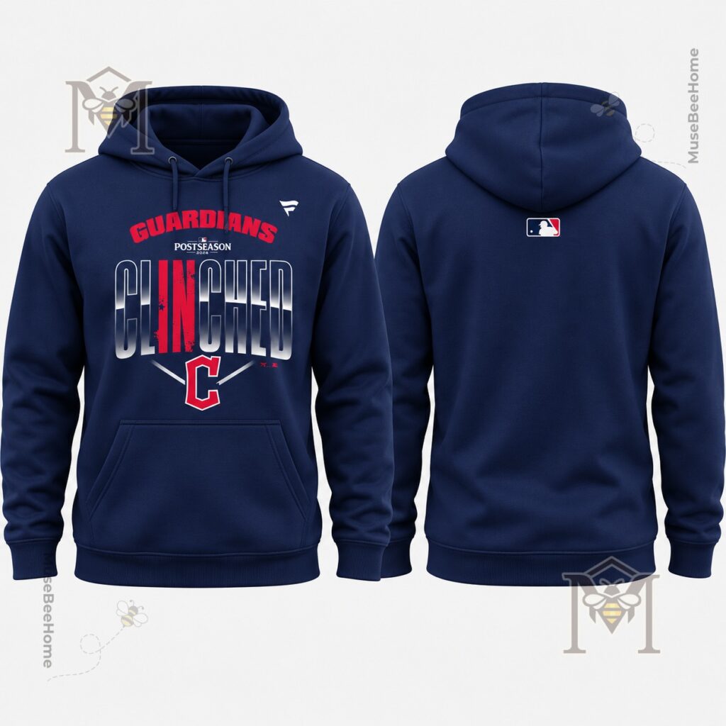 Cleveland Guardians Postseason Cleveland T-Shirt - close view of red and white front emblem