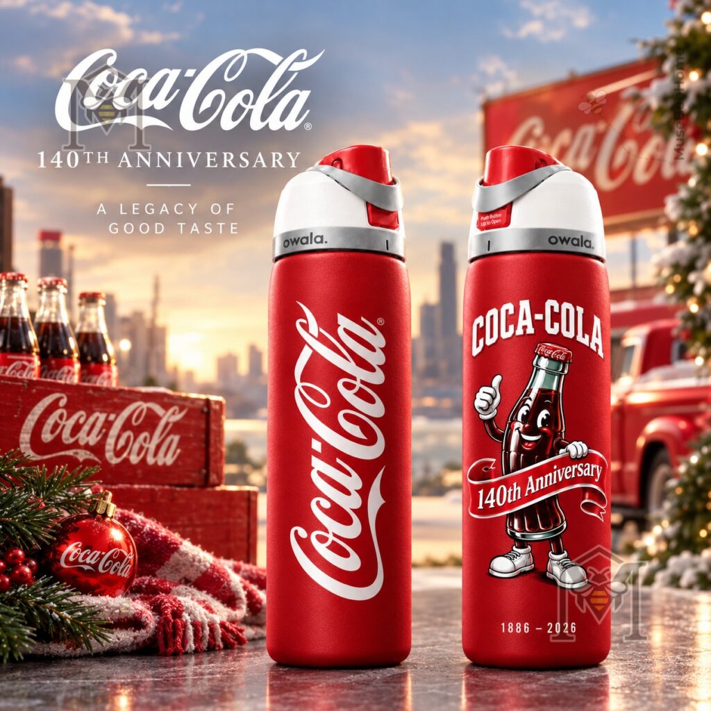 Coca-Cola 140th Anniversary Heritage Water Bottle - front and reverse designs displayed