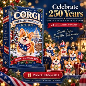 Corgi America 250th Anniversary 2026 Advent Calendar - front box artwork with corgi ornaments