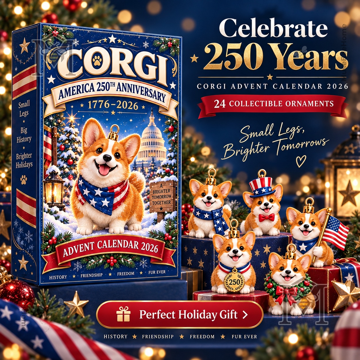 Corgi America 250th Anniversary 2026 Advent Calendar - front box artwork with corgi ornaments