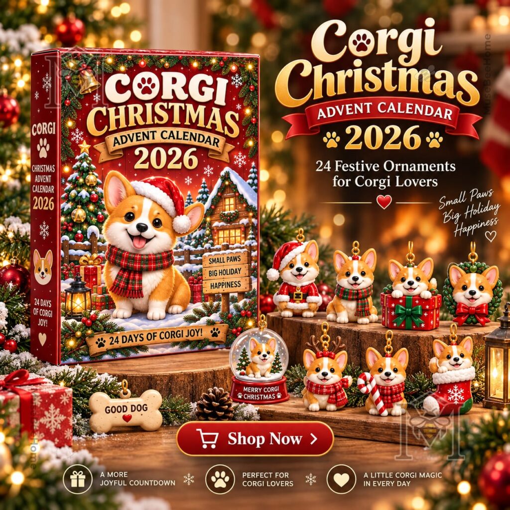 Corgi Christmas 2026 Advent Calendar - front box and corgi ornament display