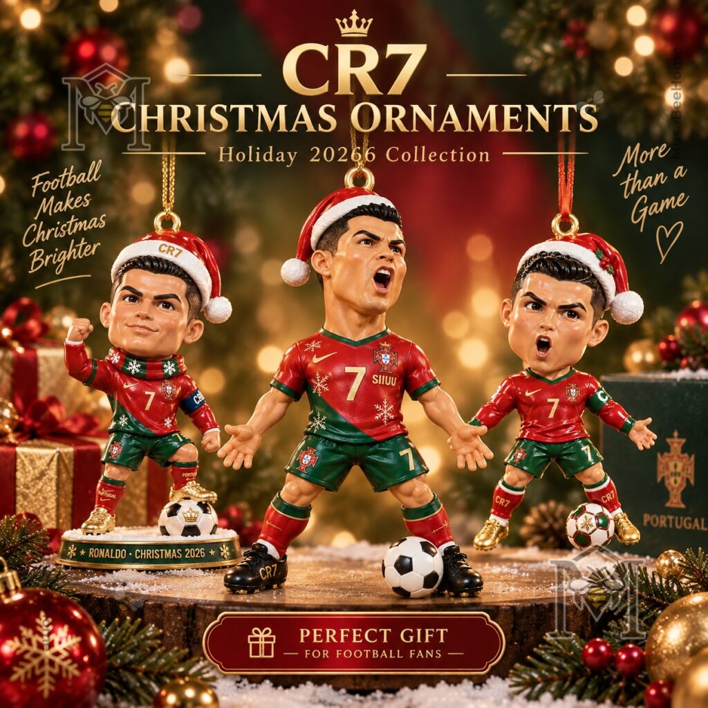 Cristiano Ronaldo Christmas 2026 Ornament - front view showing Ronaldo in a Santa hat