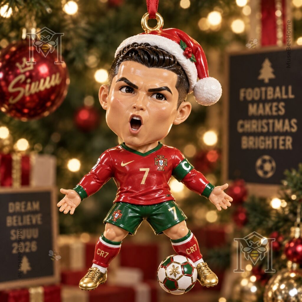 Cristiano Ronaldo Christmas 2026 Ornament - detailed view of Ronaldo figure and football