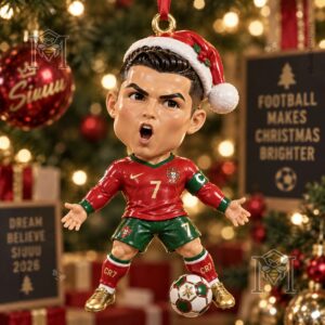 Cristiano Ronaldo Christmas 2026 Ornament - detailed view of Ronaldo figure and football
