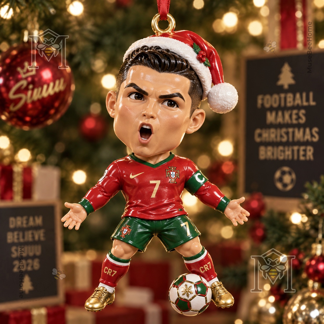 Cristiano Ronaldo Christmas 2026 Ornament - detailed view of Ronaldo figure and football