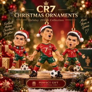 Cristiano Ronaldo Christmas 2026 Ornament - front view showing Ronaldo in a Santa hat
