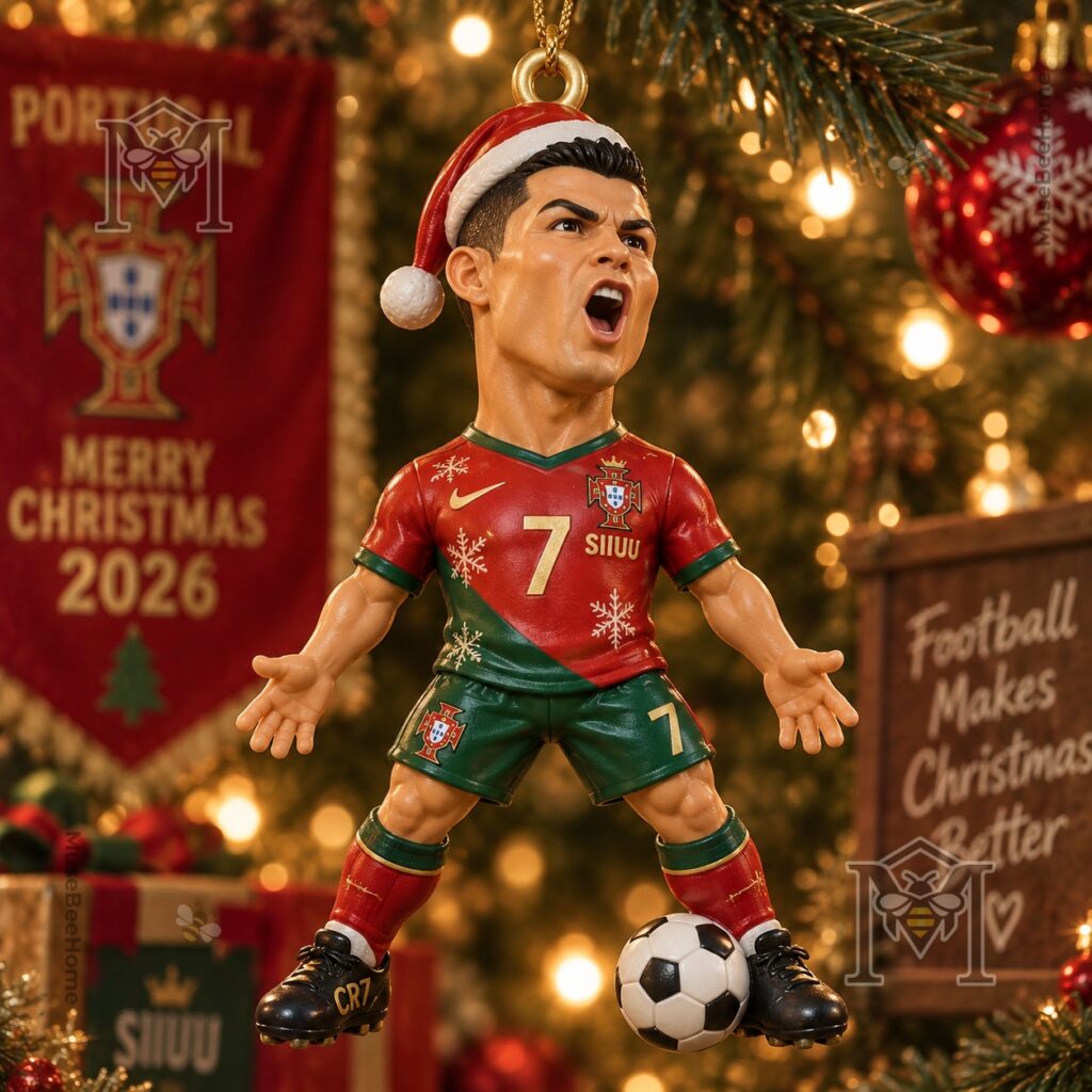 Cristiano Ronaldo Christmas 2026 Ornament - view showing festive snowflake jersey accents