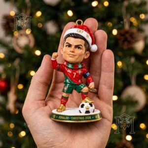 Cristiano Ronaldo Christmas 2026 Ornament - collection display featuring three Ronaldo figures