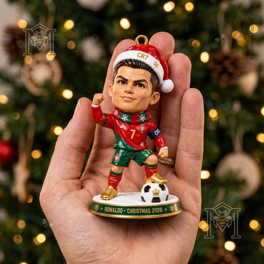 Cristiano Ronaldo Christmas 2026 Ornament - collection display featuring three Ronaldo figures