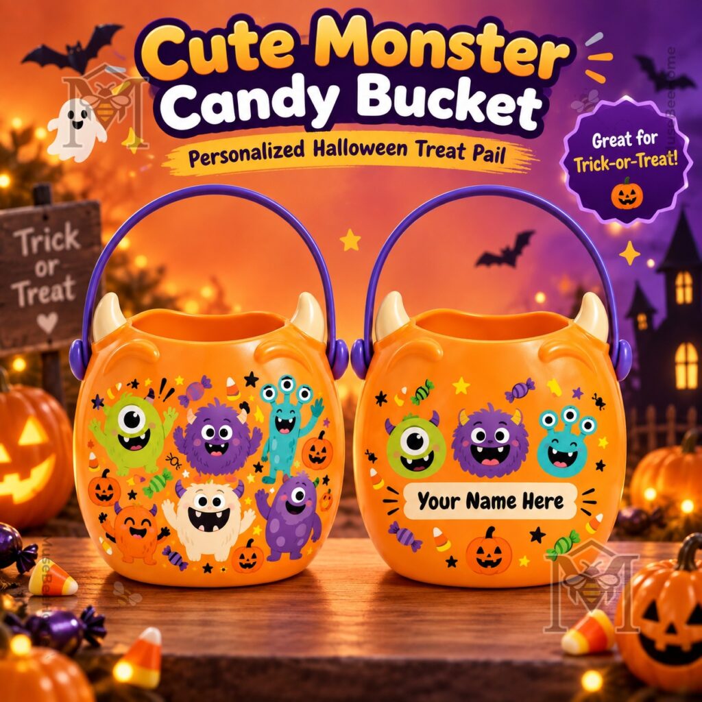 Cute Monster Personalized Halloween Candy Bucket - two orange monster buckets front view