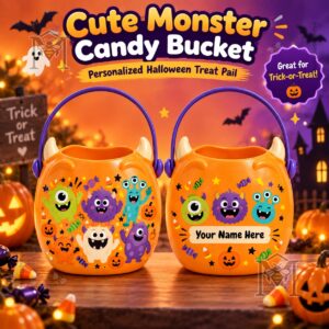 Cute Monster Personalized Halloween Candy Bucket - two orange monster buckets front view