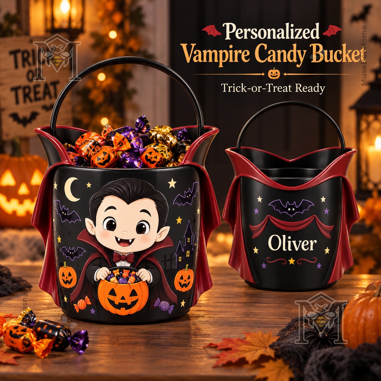 Cute Vampire Personalized Halloween Candy Bucket - front and reverse views with candy-filled bucket