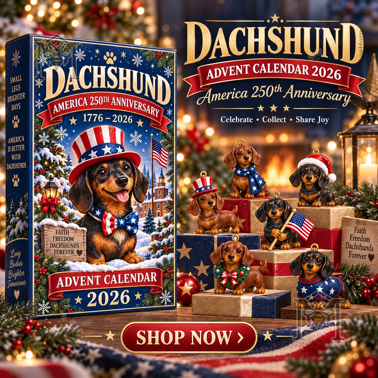 Dachshund America 250th Anniversary 2026 Advent Calendar - front box with dachshund figurines