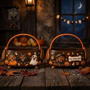 Dachshund Halloween Candy Bucket - front and personalized side views