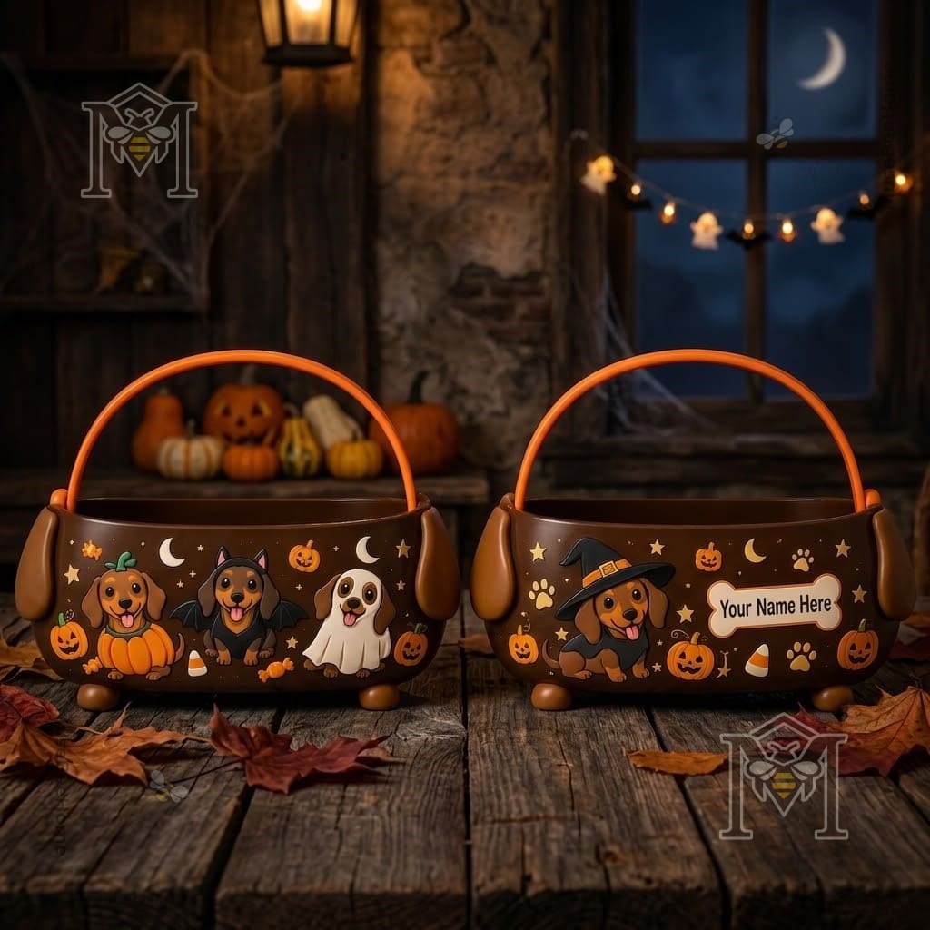 Dachshund Halloween Candy Bucket - front and personalized side views