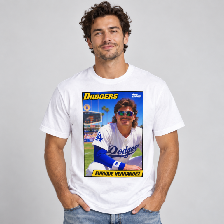 David Vassegh Los Angeles Dodgers Enrique Hernandez T-Shirt - close view of card graphic