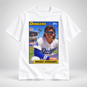 David Vassegh Los Angeles Dodgers Enrique Hernandez T-Shirt - displayed beside broadcaster