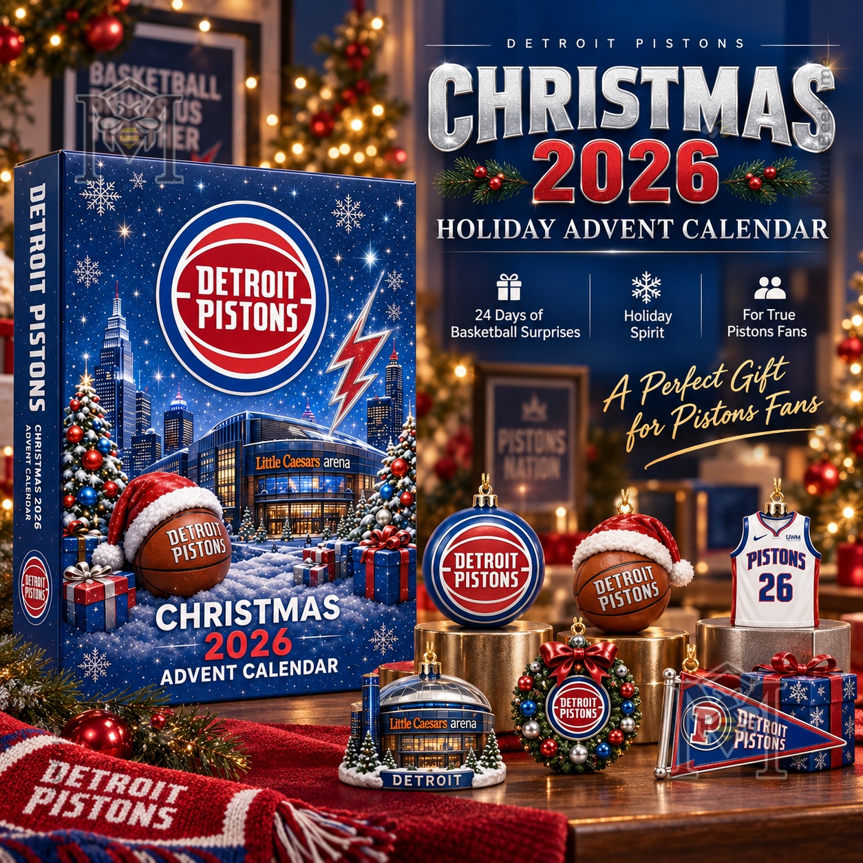 Detroit Pistons Christmas 2026 Advent Calendar - front box with basketball and holiday graphics