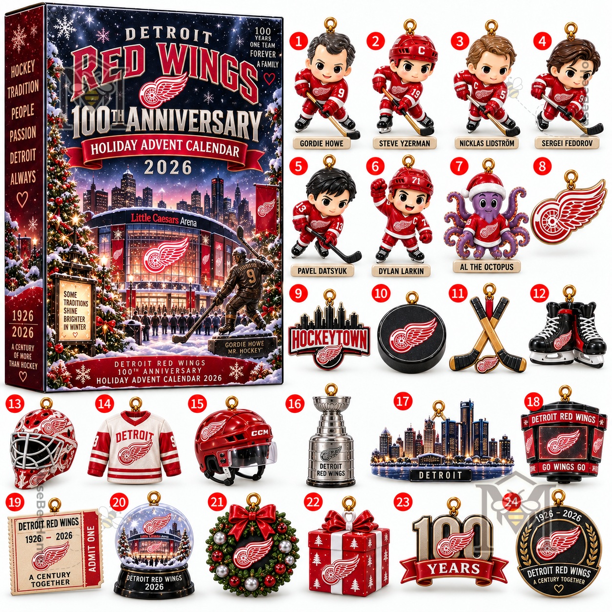 Detroit Red Wings 100th Anniversary Advent Calendar 2026 Front packaging showing Red Wings 100th Anniversary calendar design