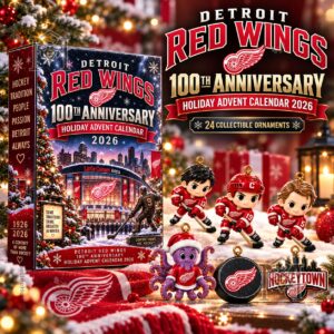 Detroit Red Wings advent calendar box with holiday ornaments displayed