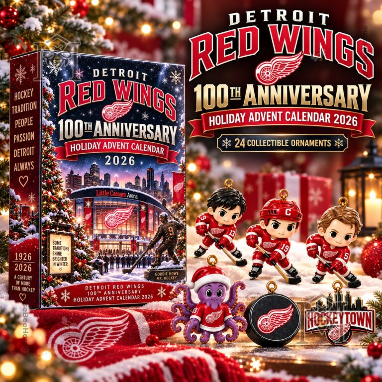 Detroit Red Wings advent calendar box with holiday ornaments displayed