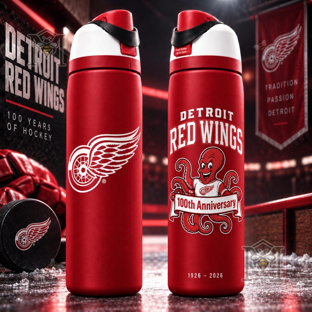 Detroit Red Wings 100th Anniversary Al the Octopus Water Bottle - front and reverse views