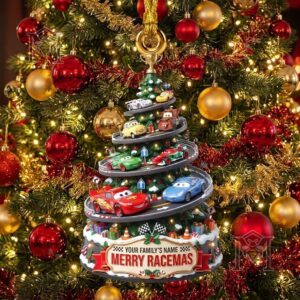 Disney Pixar Cars Merry Racemas Christmas Ornament - front view with tiered racetrack design