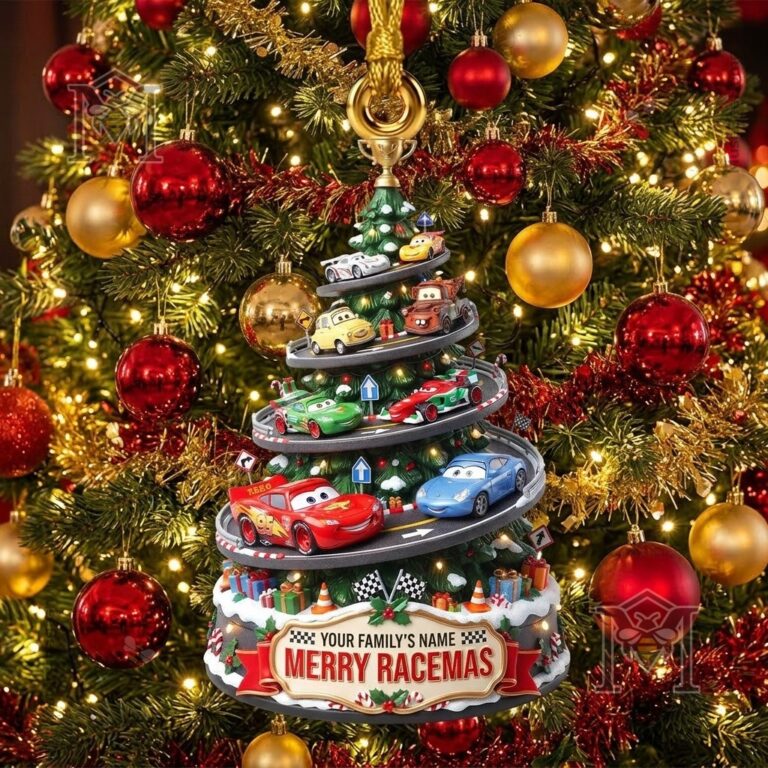 Disney Pixar Cars Merry Racemas Christmas Ornament - front view with tiered racetrack design