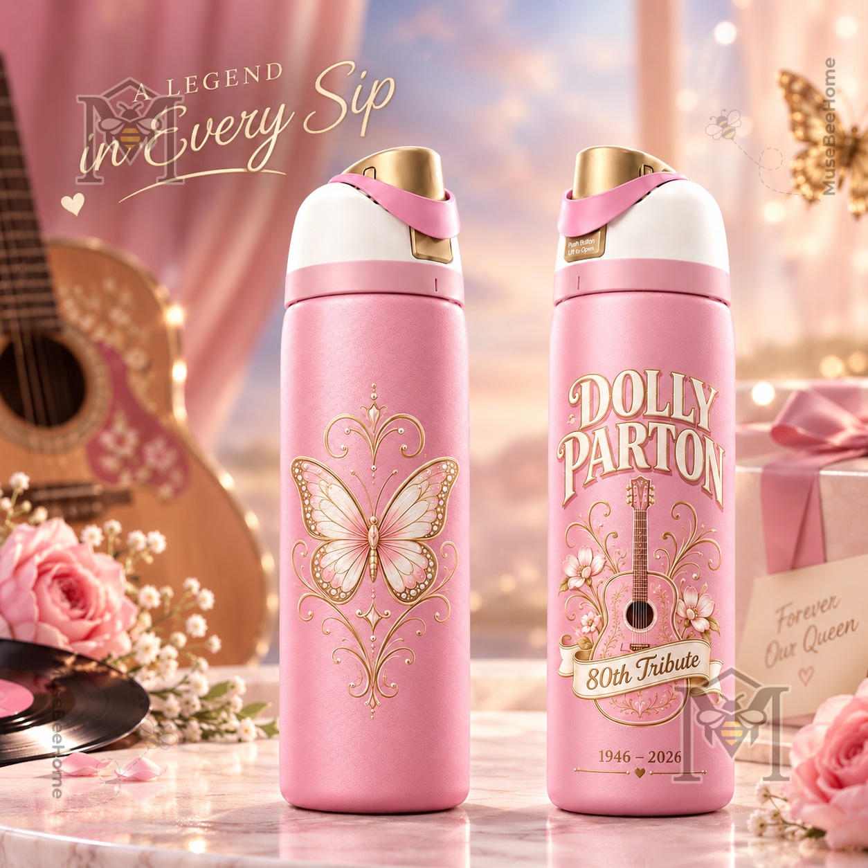 Dolly Parton 80th Tribute 2026 Water Bottle - front and rear views showing butterfly and guitar artwork
