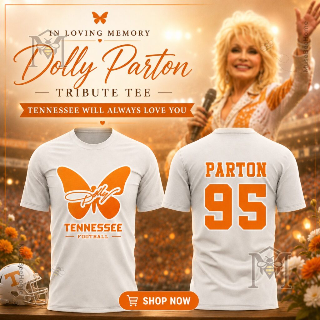 Dolly Parton Tennessee Volunteers Football Tribute T-Shirt – Front and back views Dolly Parton Tennessee Volunteers Football Tribute T-Shirt - front and back views