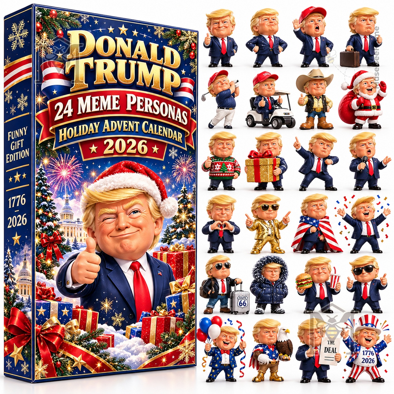Donald Trump Meme Holiday Advent Calendar 2026 - front view with character lineup