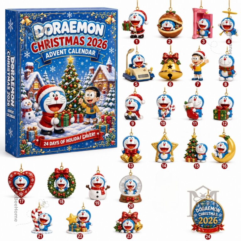 Doraemon Christmas 2026 Advent Calendar - illustrated panel with Doraemon and Christmas tree