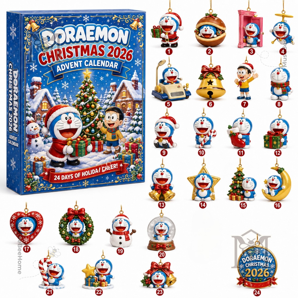 Doraemon Christmas 2026 Advent Calendar - illustrated panel with Doraemon and Christmas tree