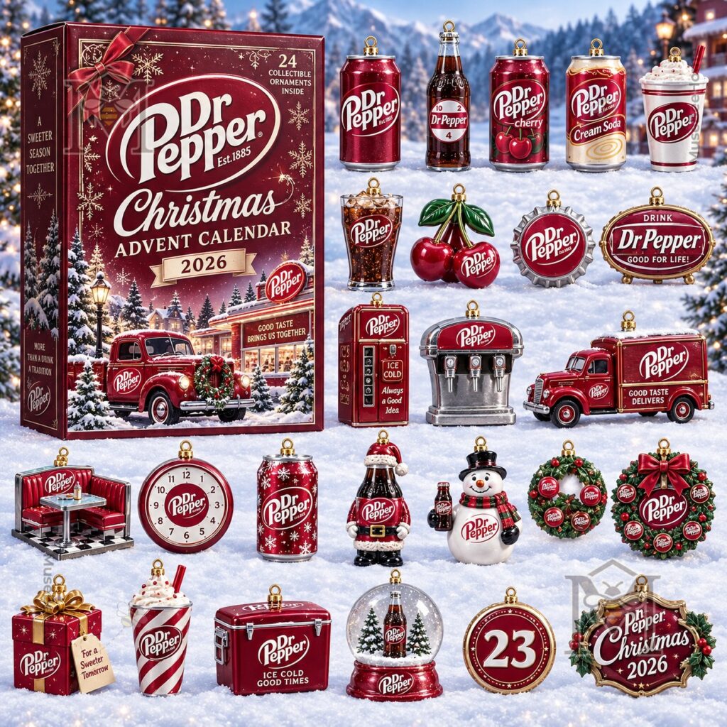 Dr Pepper Christmas 2026 Advent Calendar - close view of ornament assortment and branded box