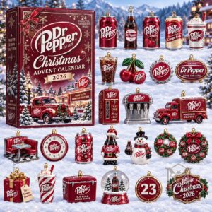Dr Pepper Christmas 2026 Advent Calendar - close view of ornament assortment and branded box