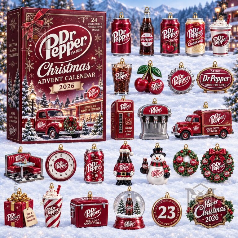 Dr Pepper Christmas 2026 Advent Calendar - close view of ornament assortment and branded box
