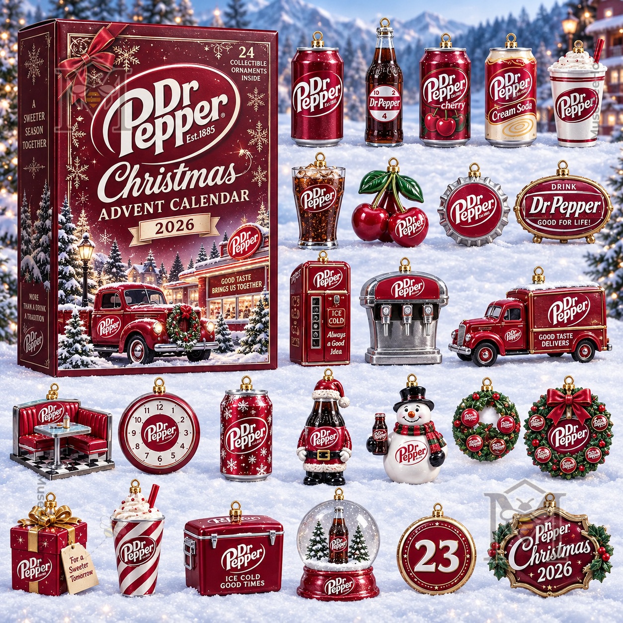 Dr Pepper Christmas 2026 Advent Calendar - close view of ornament assortment and branded box