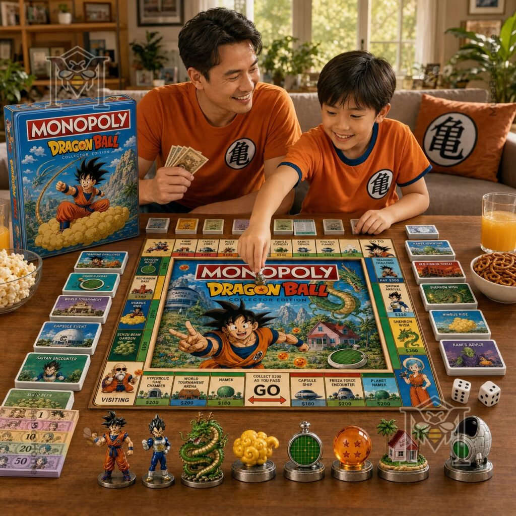 Dragon Ball Monopoly Board Game - character tokens, dice, cards, and play money