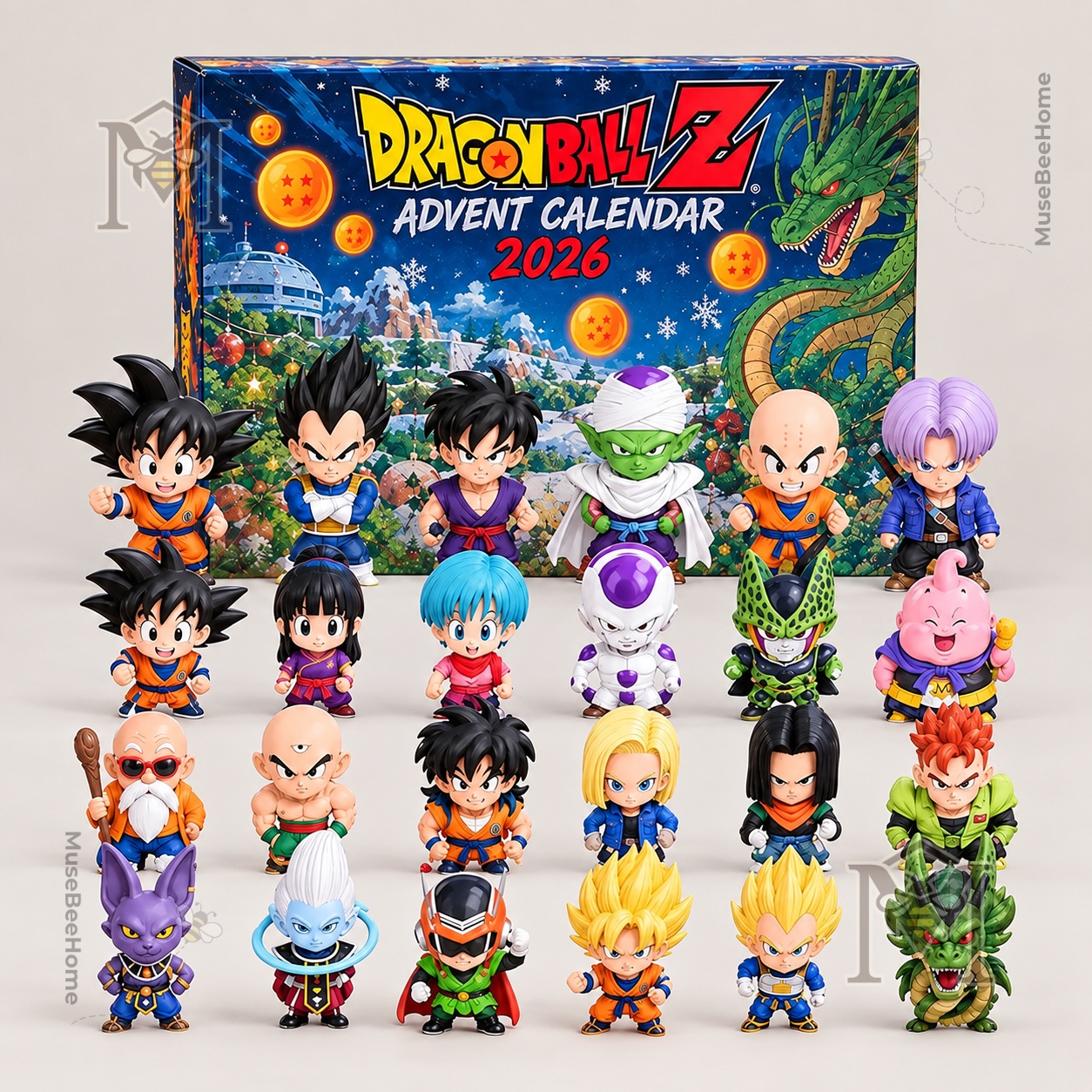 Dragon Ball Z character figures arranged before the illustrated calendar box