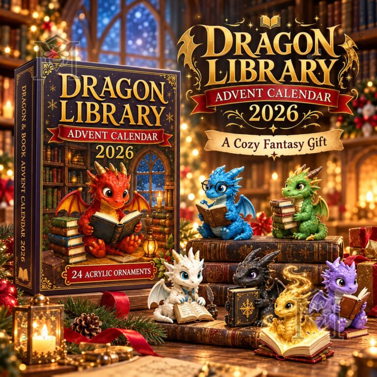 Dragon Library Advent Calendar 2026 - boxed front view with illustrated reading dragon