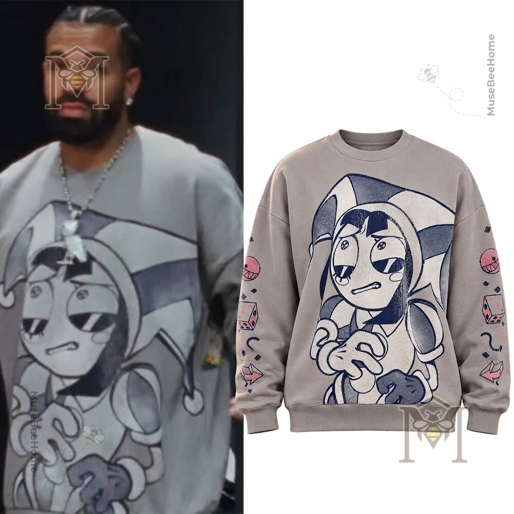 Drake Pomni Amazing Digital Circus Grid Symbols Sweatshirt – Front view with full character Drake Pomni Amazing Digital Circus Grid Symbols Sweatshirt - front view with full character graphic