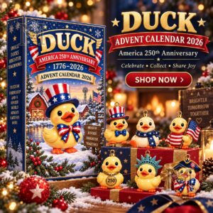 Duck America 250th Anniversary 2026 Advent Calendar - front box and patriotic duck ornaments