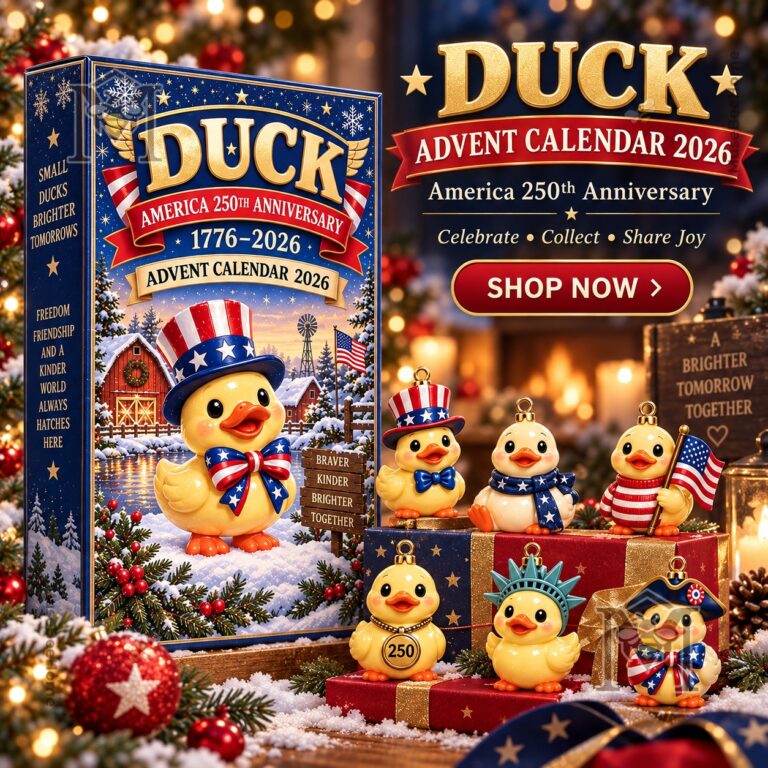 Duck America 250th Anniversary 2026 Advent Calendar - front box and patriotic duck ornaments