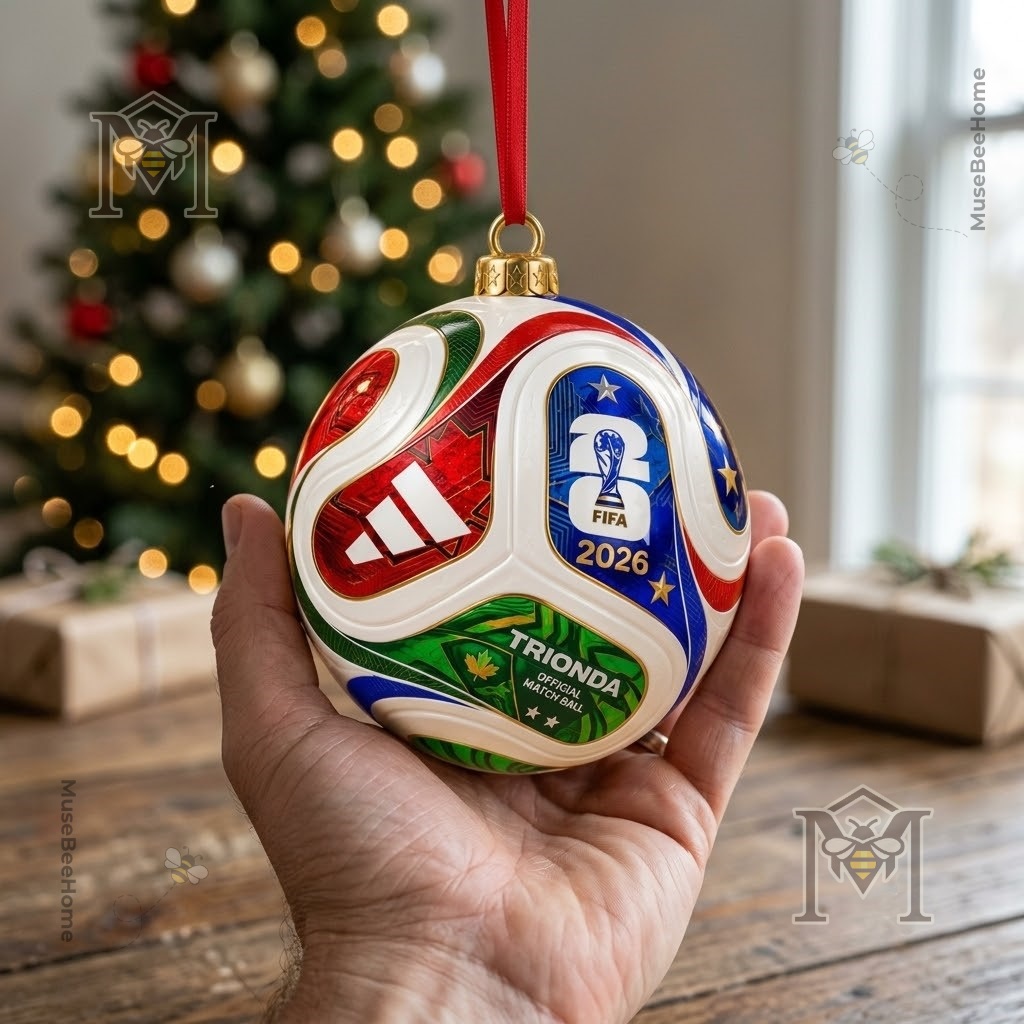 FIFA World Cup 2026 Trionda Ball Ornament - hanging ribbon and ball view
